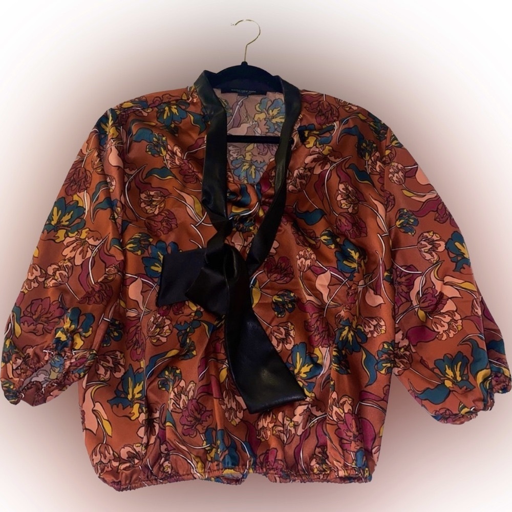 Marc New York Floral Satin Blouse with Faux Leather Tie